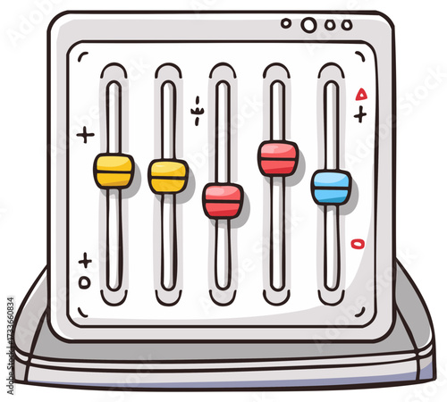 Cartoon Style Audio Mixer Console with Colorful Volume Faders