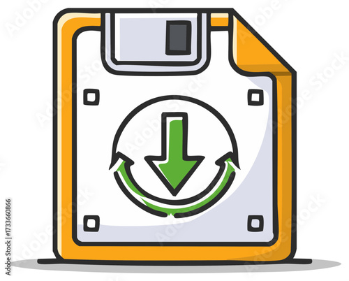 Retro floppy disk with green download icon, data transfer, and arrow symbol illustration