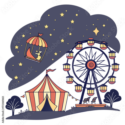 Nighttime Carnival with Ferris Wheel and Tent amusement park