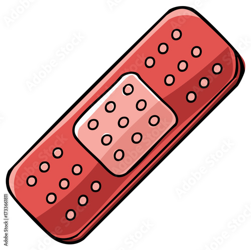 Cartoon style illustration of a single red adhesive bandage with ventilation holes for wound care