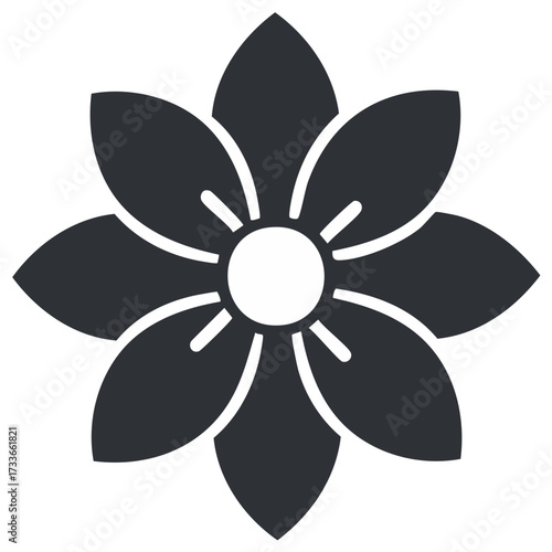 Elegant Black Flower Illustration, Minimalist Floral Design with Eight Petals and a Central White Circle