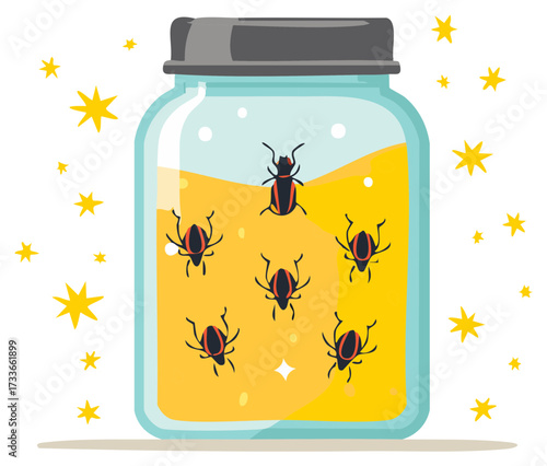 Insects trapped in a jar of bright yellow liquid surrounded by yellow stars