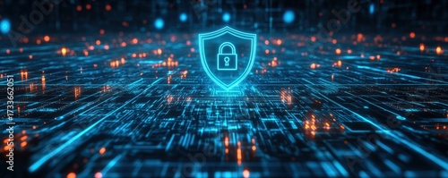 A digital illustration of a glowing shield with a lock, symbolizing cybersecurity amidst a network of interconnected data points.