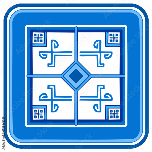 Decorative blue tile design with geometric floral patterns and diamond shapes