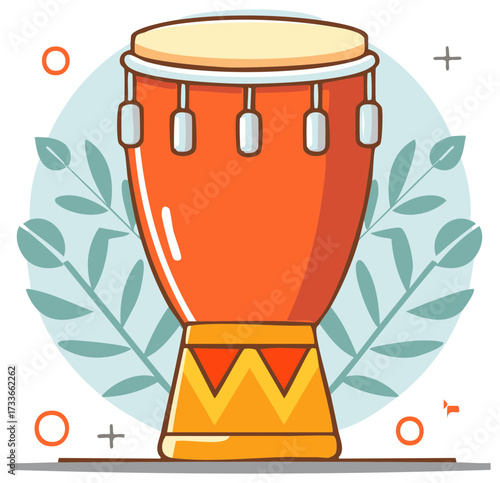 African Drum Illustration, Hand Drawn with Decorative Foliage Background