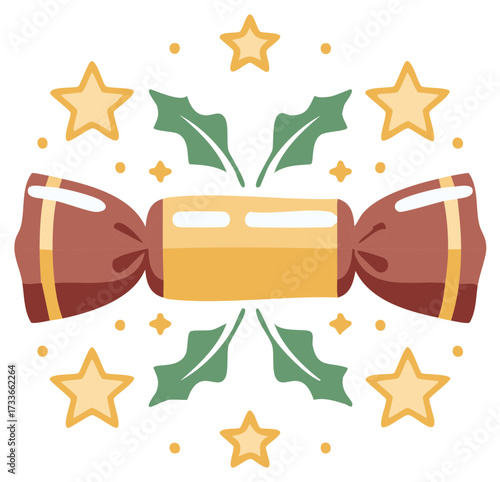 Festive wrapped candy with stylized holly leaves and stars in circular arrangement creates holiday graphic element.