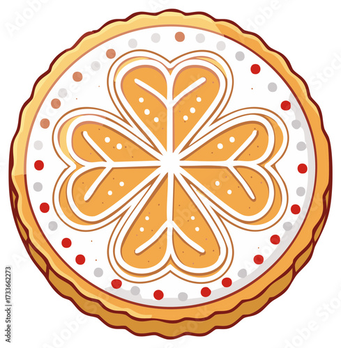 Gingerbread cookie decorated with white icing and festive red and white dots