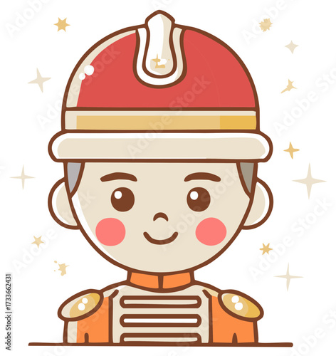 Cute cartoon guard with red helmet and uniform surrounded by stars illustration