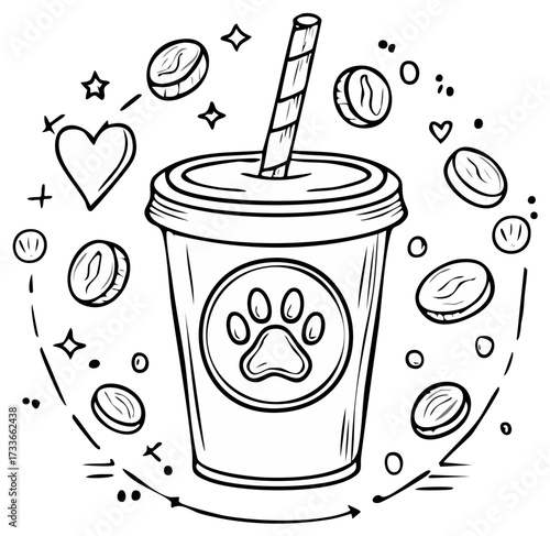 Doodle Style Coffee Cup with Paw Print and Flying Coffee Beans
