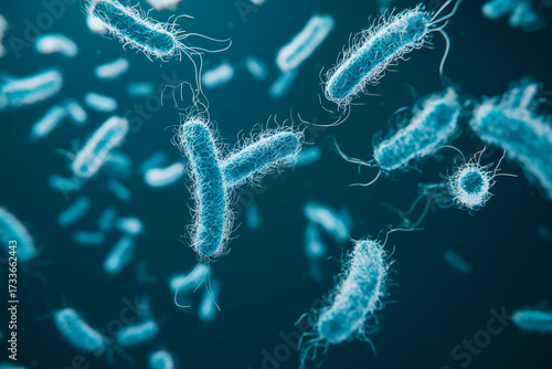 3D render of various rod-shaped bacteria with flagella under electron microscope, possibly representing Legionella pneumophila, Escherichia coli or Pseudomonas aeruginosa