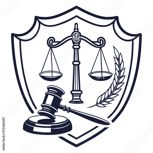 Outline shield with gavel, scales of justice, and laurel branch