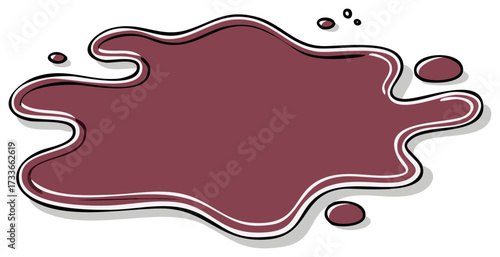 Burgundy liquid puddle cartoon illustration of a messy spill or stain with a comic book outline