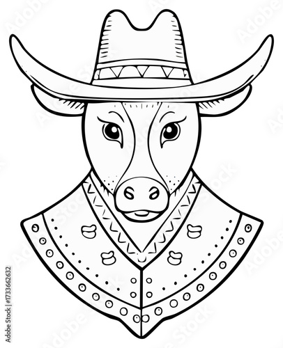 Cartoon bull or cow wearing a cowboy hat and patterned poncho in a folk art line illustration style