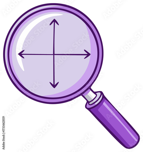 Purple Magnifying Glass with Arrows Pointing in All Directions Illustration