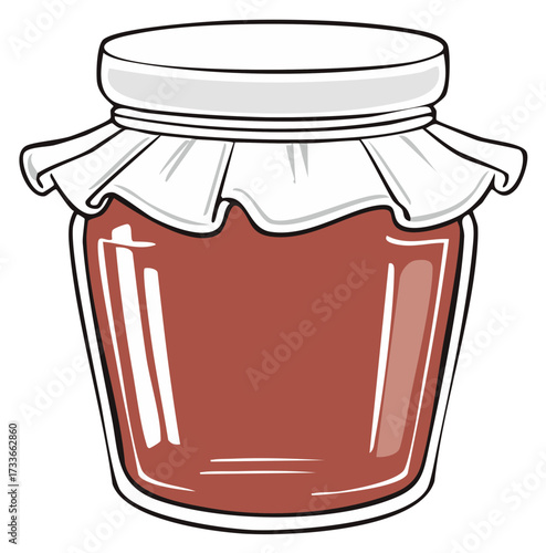 Glass jar with red preserve and white cloth lid secured with string