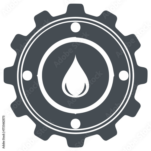 Dark gray gear with white water drop icon symbolizing industry and resources