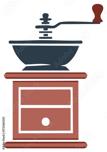 Classic manual coffee grinder with crank handle and collection drawer vector icon