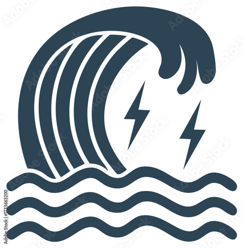Stylized stormy seas with tall waves and lightning strikes conveying power and energy in nautical graphic design