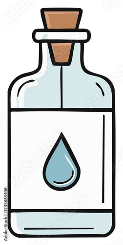 Glass bottle with cork stopper containing a blue drop symbol and light blue liquid