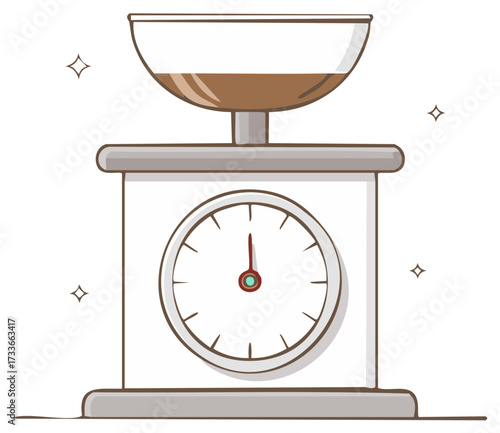 Cartoon kitchen scale weighing ingredients with a bowl and measurement dial showing amount of liquid for cooking and baking