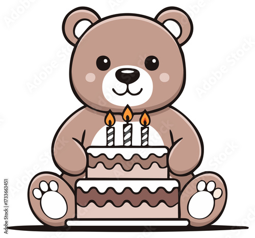 Cute teddy bear holding a birthday cake with three candles and joyful expression