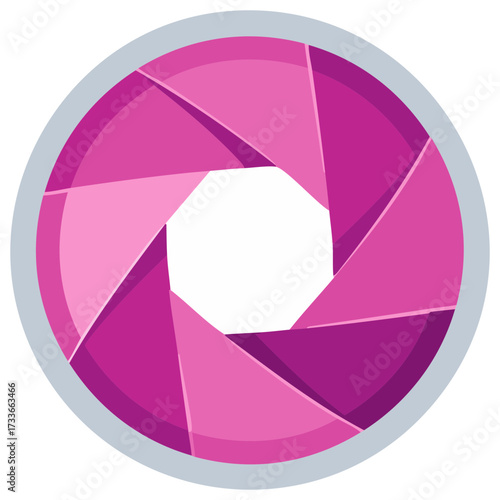 Camera aperture iris diaphragm graphic illustration in pink and purple tones