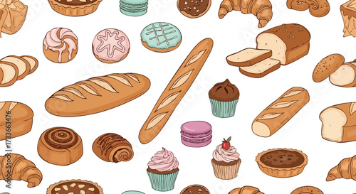 Bakery Delights Seamless Pattern of Bread, Pastries, and Desserts