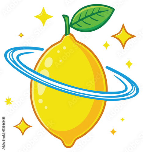 Cartoon lemon orbiting with stars, fruit food illustration.
