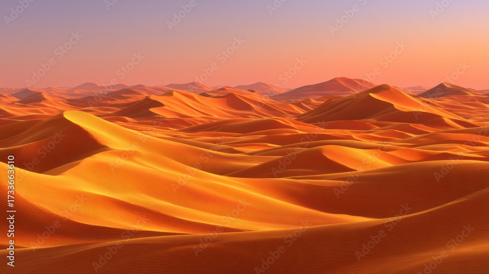 Naklejka premium Vast desert landscape of undulating sand dunes under a warm golden sunset light beautiful texture and pattern orange background and pink sky perfect horizon endless