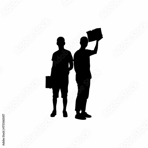 Silhouette of volunteers collecting old books for donation isolated on white background