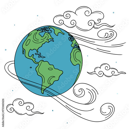 Planet Earth with swirling wind and stylized clouds