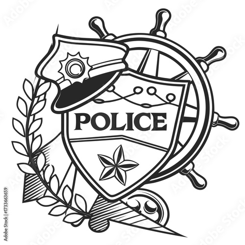 Police badge with captain's hat and ship's wheel emblem