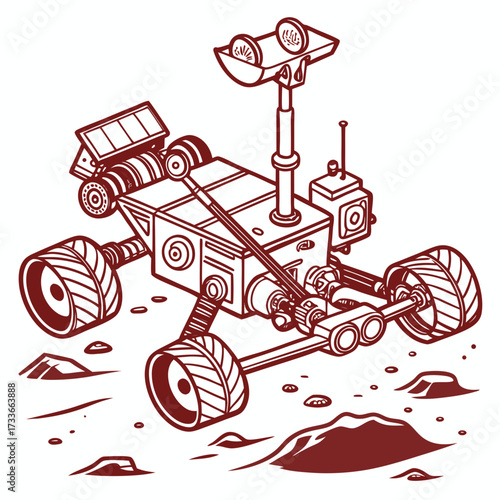 Red Line Art Mars Rover on Rocky Surface space exploration