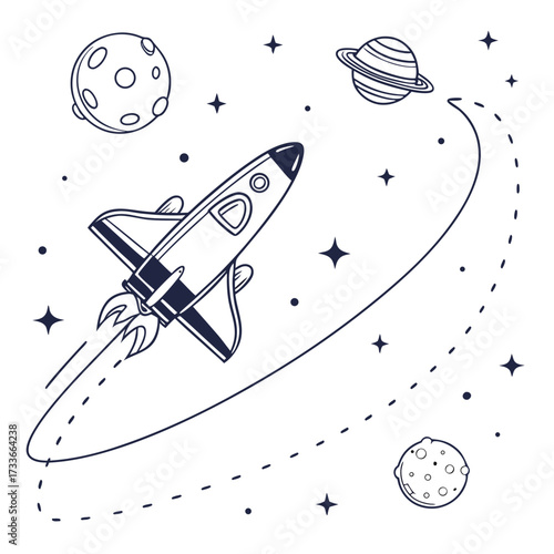Rocket ship orbiting a planet with dotted trajectory lines and stars