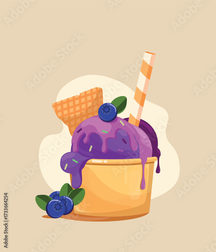 Blueberry ice cream in a paper cup — appetizing food illustration for dessert menus, ice cream packaging, print materials, and social media visuals