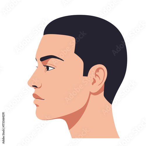 Illustration of a man's head in profile, featuring dark hair, light skin, and a neutral expression.