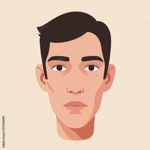 A flat vector illustration of a young man's face with dark hair and tired-looking eyes on a light background.