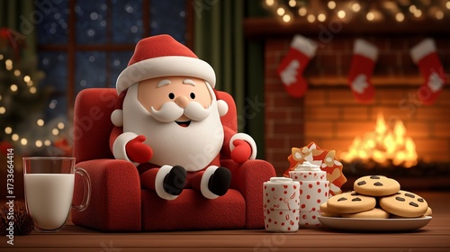 The spirit of Christmas, captured in an illustration of a cheerful Santa Claus relaxing in a cozy room with festive decorations, treats, and a roaring fireplace. Generative ai illustration