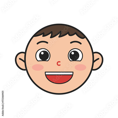 A cheerful cartoon illustration of a young child's face with wide, expressive eyes and a broad, open smile, featuring rosy cheeks and brown hair.