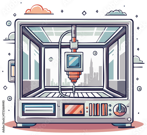 Modern 3D Printer with Digital Display and Cityscape Background in Cartoon Style