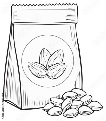 Monochrome line art drawing of a snack bag featuring almonds, with a healthy pile of nuts spilled nearby
