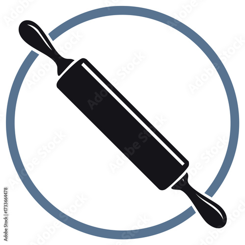 Black rolling pin icon within gray circle Cooking and baking tool design element Vector illustration