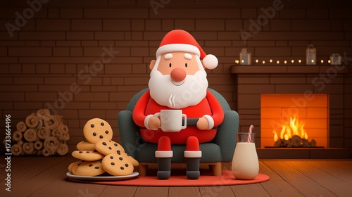 A jovial figure, seated before a roaring fireplace, extends the hand of holiday joy, surrounded by cookies and a warm beverage, ready for the season's warm embrace.Generative ai illustration