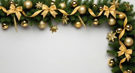 Christmas garland with golden ornaments and bows on a white background.