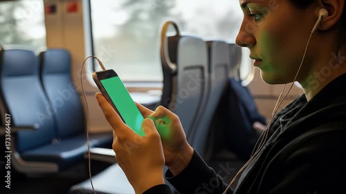 Woman using smartphone inside a train carriage with green screen listening to music through white earphones natural interior setting with blurry background