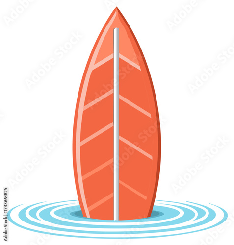 Stylized Orange Surfboard Standing Vertically in Rippling Blue Water