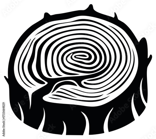 Detailed black and white illustration of a tree stump cross section.