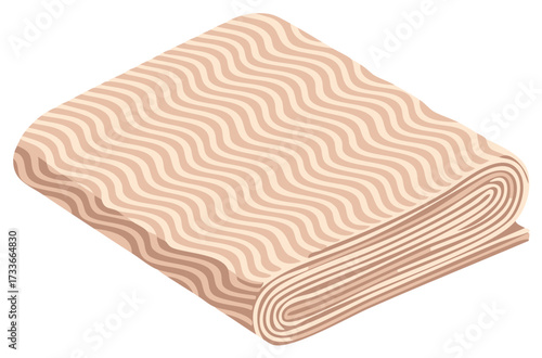A stack of folded fabric with a wavy stripe pattern in beige and brown tones