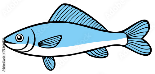 Blue fish cartoon with black outline illustration