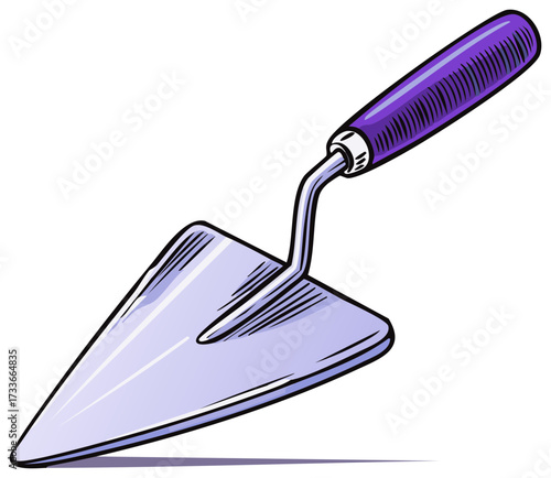 Illustration of a construction trowel with a purple handle for cement and mortar